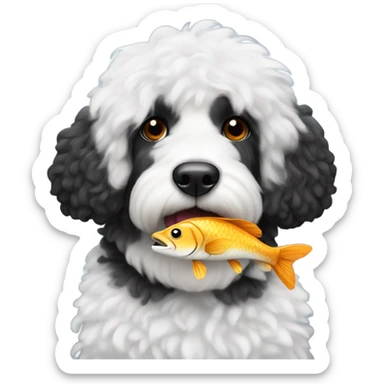 Black bernadoodle with white around mouth and big white eyebrows with a fish in his mouth  sticker