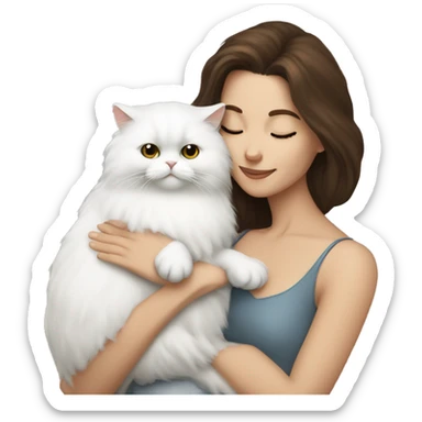Brunette woman snuggling white Persian cat sticker