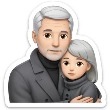 A father with silver-grey hair styled neatly and a clean-shaven face, wearing a dark turtleneck and wool coat, holding his girl child gently.  sticker