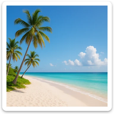 serene paradise scene with a peaceful beach, palm trees, and clear blue skies sticker