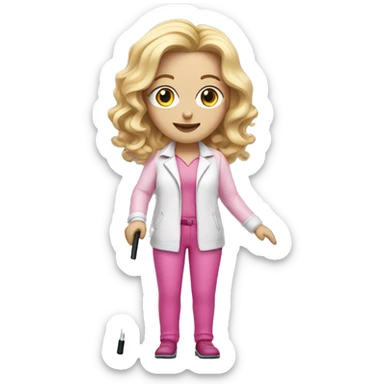 Blonde hair woman , wavy hair, white skin , pink outfit , holding a white cane for the blind sticker