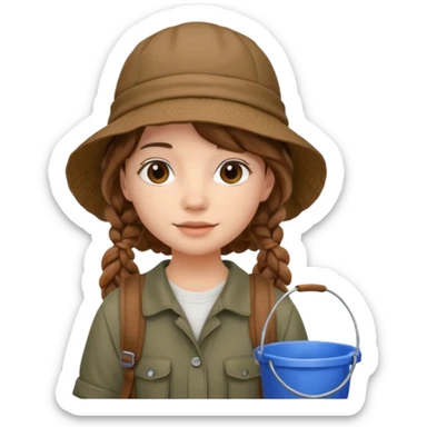 a young student girl with the backpack with bucket hat, brown wavy braided hair sticker