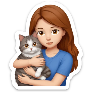 a white girl with brown and hair and a blue top hugging a siberian cat color brown, orange, gray, mixed colors sticker