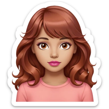 beautiful woman, light tan skin, dark brown eyes, very long wavy auburn hair, bangs, pink top, coral lipstick, cool, model sticker