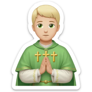 a priest, green eyes, blonde hair, light green chasuble (A wide, flowing, bell-shaped outer robe, without any religious symbols). opening arms, gazing thoughtfully. Soft light, subtle fern. Waist-up, profile. sticker