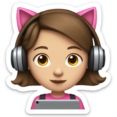 Brunette haired girl wearing pink cat headphones holding an ipad sticker