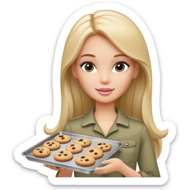 A white Barbie girl with long dark brown straight hair in a pale olive clothes holds a Baking tray with cookies sticker