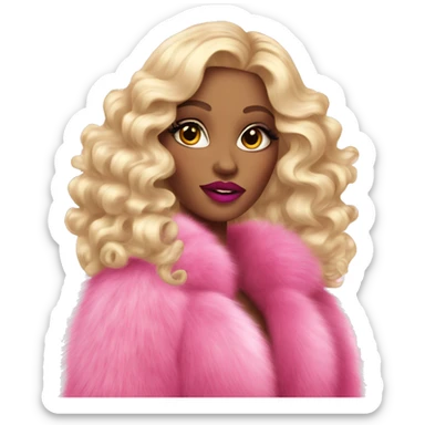 glamorous brightly made-up blonde with long curls in a fur coat with long pink nails and big lips sticker