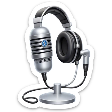 Create a sleek and professional emoji that represents voice acting and dubbing equipment. The design should feature a high-quality microphone, a sound mixer or audio interface, and headphones to symbolize the recording and technical process. Include elements like a soundproof booth or audio cables to reflect the studio environment. Use a modern, clean design with colors like silver, black, and dark blue to represent the professional side of voice acting. The background should be transparent. sticker