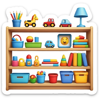 tidy room with toys neatly arranged on shelves, clear and inviting sticker