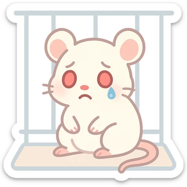 A sad lab rat with red glowing eyes, a tear on its cheek, drooping tail, white fur, sitting in a cage, cartoon style with emotional details. sticker