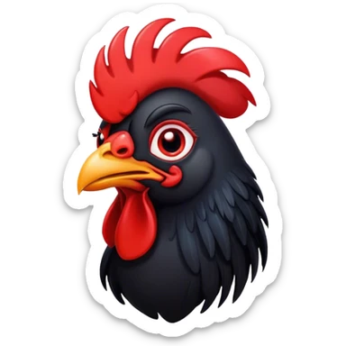 Cinematic Cute Black Rooster Portrait Emoji, Head tilted playfully and inquisitively, featuring a glossy, immaculate black plumage with a vibrant red comb, round, sparkling eyes filled with curiosity, Simplified yet irresistibly adorable features, highly detailed, glowing with a warm, friendly glow, high shine, affectionate and spirited, stylized with a touch of farmyard whimsy, bright and endearing, soft glowing outline, capturing the essence of a mischievous yet loving rooster, so playful it feels like it could strut out of the screen and into your arms! sticker
