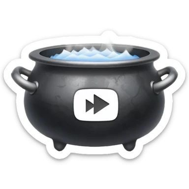 A black cauldron with smoke rising, and the white YouTube play button logo floating above the smoke sticker