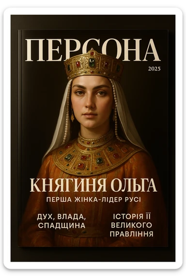 Create a glamorous, ultra-realistic magazine cover titled "Персона"
The cover features Princess Olga from the downloaded image.
The cover design should be bright with elegant typography.
Add the title: "Княгиня Ольга", the subtitle: "Перша жінка-лідер Русі", and the release date: "2025".
Include additional subheadings and a well-thought-out layout.
Premium lighting, dramatic shadows, rich colour correction, glossy paper texture, minimalist background, focus on the character and typography in the spirit of glossy publications. sticker
