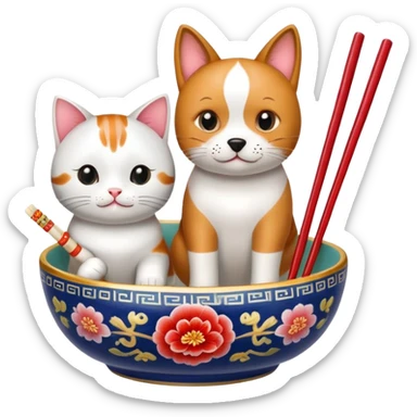 Dog and cat sitting in Chinese bowl with chopsticks  sticker
