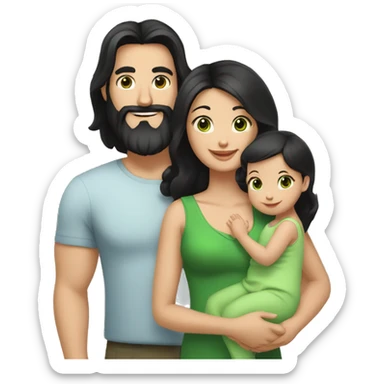 dad with black beard, white skin mom with long straight black hair and green eyes, and baby girl  with black hair sticker