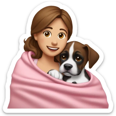 a woman with brown hair is cradling her puppy in a pink baby blanket. the puppy is a black and white boxer dog. the woman is smiling with mouth ajar. you can see the woman cradling the puppy like a baby from her waist up.  sticker