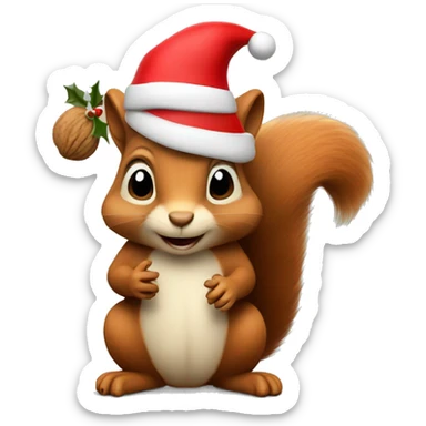 squirrel holding some walnuts and wearing a christmas hat sticker