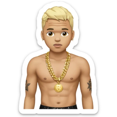 Chris Brown with blonde hair, black sequin baggy pants, shirtless with necklace sticker