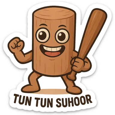 chibi emoji of Tun Tun Suhoor, wooden stick body, matte brown texture, huge cartoon eyes, grinning mouth, human arms and legs, holding a wooden bat, comical and absurd meme, no text sticker