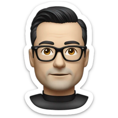 Hyper realistic Ralf Hutter from Kraftwerk, short straight black hair, black glasses, lean, riding open top black tesla model 3 sticker