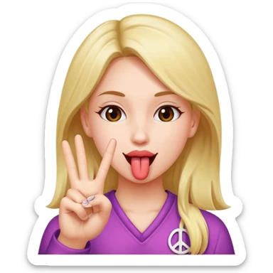 a girl doing a peace sign with her tongue in between her fingers  sticker