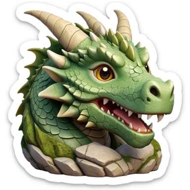 Cinematic Cute Giant Rock Dragon Portrait Emoji, Head tilted playfully and inquisitively, showcasing a robust, stone-carved body with intricately detailed, craggy textures in natural earthen tones accented by soft hints of moss, and a surprisingly gentle, endearing expression; rendered with lifelike clarity and warm, natural light, high shine, mighty yet endearing, styled with a touch of ancient, stony whimsy, soft glowing outline, capturing the essence of a mischievous stone guardian poised to rumble playfully into your embrace! sticker