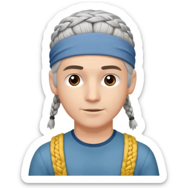 young climber man with white/grey braided hair and headband sticker