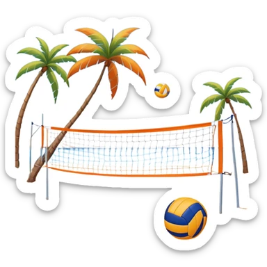 A volleyball resting on the orange sand ground of a beach, with a volleyball net in the background. The scene captures a sunny beach atmosphere with clear blue sea and sky, palm trees swaying, and people in swimsuits enjoying the vibrant surroundings sticker