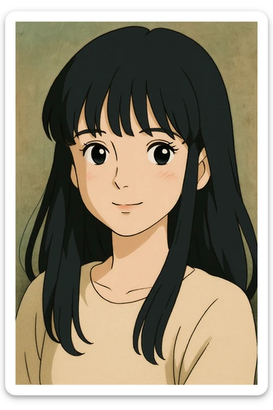 portrait of a pretty white girl with long black hair and thick bangs, gentle expression, ghibli style sticker