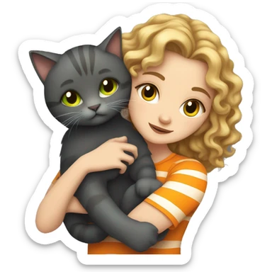 A white girl with dark blonde curly hair and green eyes hugging her dark grey cat with orange stripes and yellow honey eyes sticker