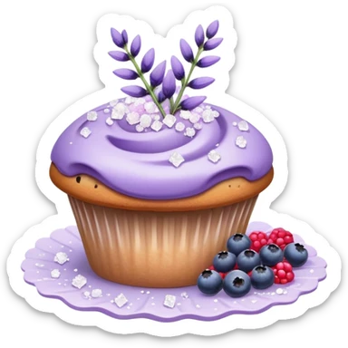 Lavender flower sprigs on a muffin with berries and sugar crystals sticker