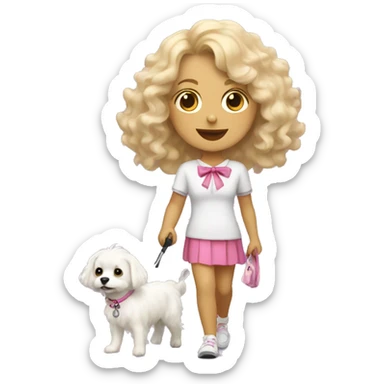 blonde girl with wavy hair taking a little fluffy white dog for a walk with a pink bow and leash  sticker