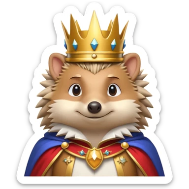 king hedgehog portrait, head and shoulders only, wearing a small golden crown, royal cape collar, proud confident expression, cute spiky fur details, fantasy royal vibe, 3D cartoon, mobile game icon style, clean background, no text, no watermark
 sticker