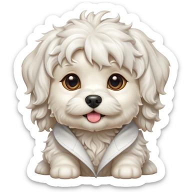 Cinematic Cute Wavy-Haired Maltese Dog Portrait Emoji, Head tilted playfully and inquisitively, featuring a luxurious, wavy-haired white coat with a healthy sheen, round, sparkling dark eyes filled with curiosity, Simplified yet irresistibly adorable features, highly detailed, glowing with a warm, friendly glow, high shine, affectionate and lively, stylized with a touch of whimsy, bright and endearing, soft glowing outline, capturing the essence of a mischievous yet loving companion, so playful it feels like it could scamper out of the screen and into your arms! sticker
