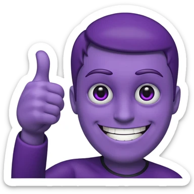 purple guy, black sclera, white pupils, grin, thumbs-up sticker