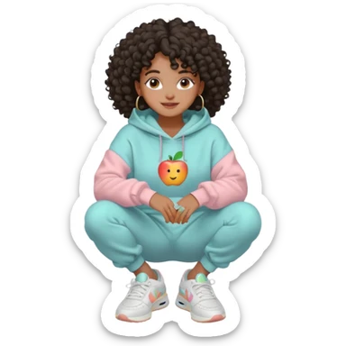 Black girl, clean girl aesthetic, 4C curly hair in a puff, pastel hoodie, white sneakers, minimal jewelry, soft smile, cozy vibe, bright colors, Apple-style emoji auto cuidado da pele sticker