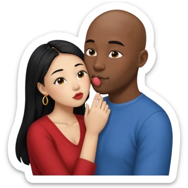 Bald black man with short beard deeply kissing, tonguing each other with open mouth. She is a shorter younger looking asain women. She has long black hair down to her elbows and a nose ring sticker