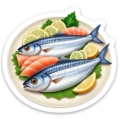 mackerel sashimi with slices of raw fish on a plate with garnish sticker