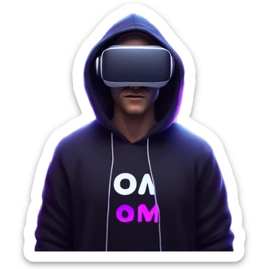 Russian man wearing a black hoodie with "OMG" letters on it and VR headset in a cyberpunk VR environment with violet neon lighting. sticker