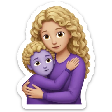 a mother with blond curly long wearing purple hugging his son with brown hair and like saying its okay sticker