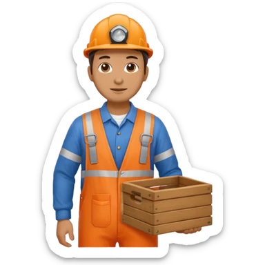 railway engineer, orange overalls carrying a box sticker