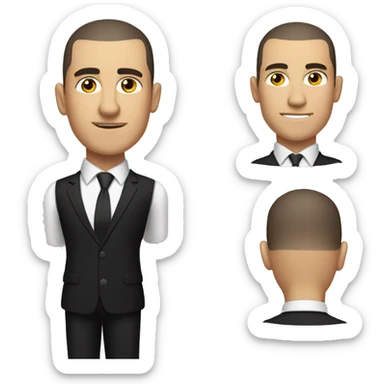 White man with dark hair buzzcut, wearing black suit and tie with white dress shirt  sticker