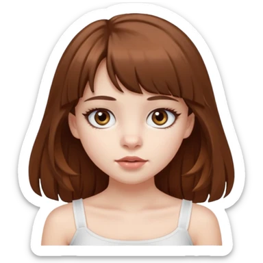 Pale skinned waisian girl with brown hair and dark brown eyes. She has bangs and her hair is slightly big wavy and long. She has big cat looking eyes and long lashes. Make her wear a white tube top. sticker