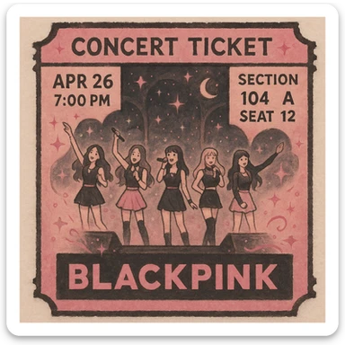 concert ticket in black and pink, Ghibli style, soft painterly textures, magical and fun, BLACKPINK pop star theme sticker