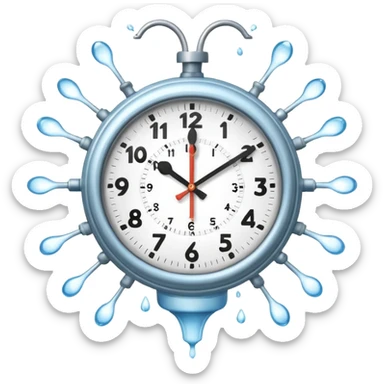 An illustrated clock face with sprinklers as clock hand, spraying water, gently sticker