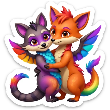 black female raccoon dragon hybrid with rainbow colored wings and purple eyes giving a big hug to a red female fox dragon hybrid with rainbow colored wings and orange eyes sticker