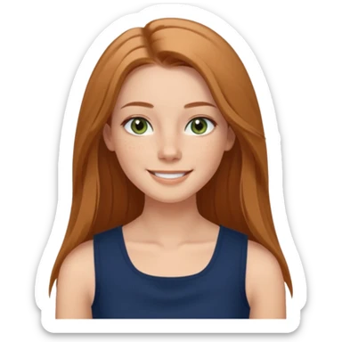 emoji of a confident woman named Freya McOmish, smiling, hazel green eyes, straight long hair with a middle part, subtle freckles, modern casual style, broad shoulders, wearing a navy sleeveless deep square neck top sticker