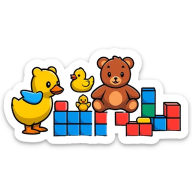 scattered children's toys on floor - teddy bear, rubber duck, blocks, ball, action figures sticker