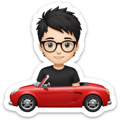 generate a pretty bratz fair skinned boy with black messy hair wearing a black tshirt driving a red car. Glasses on.  sticker